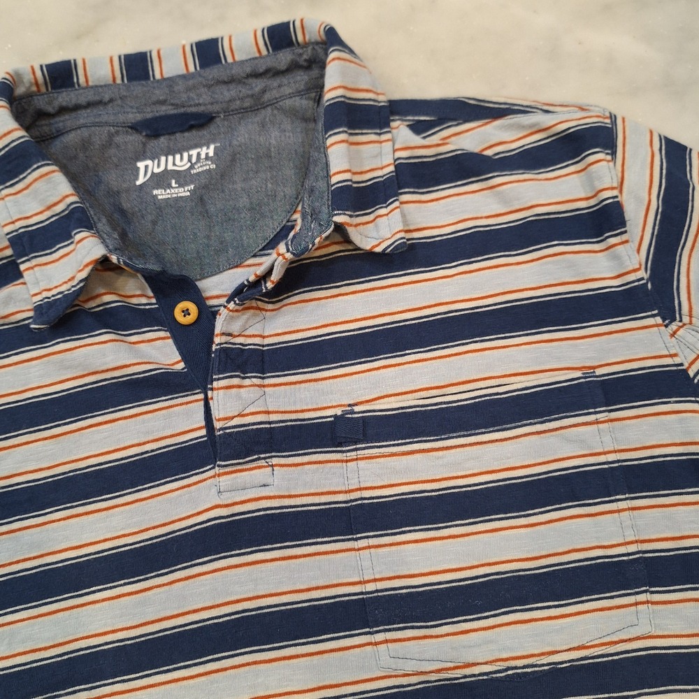 Duluth Polo Shirt Mens Lg Blue Red Striped Relaxed Fit Cotton Pocket Patriotic